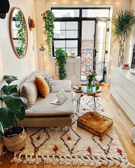 Sunlit Balcony Living Room with Layered Moroccan Rug