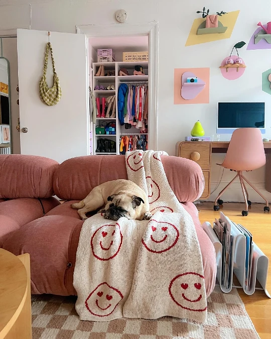 Dusty Pink Modular Sofa with Smiley Face Throw