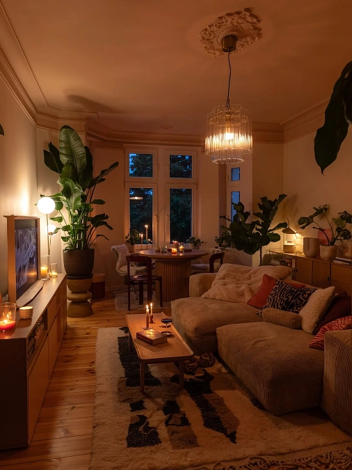 Candlelit Living Room with Layered Evening Glow