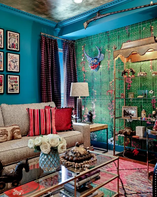 Teal Walls with Patterned Green Wallpaper and Gold Ceiling