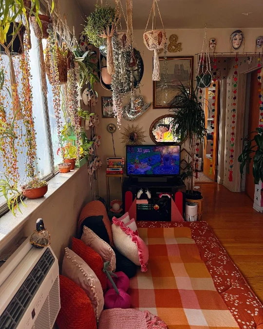 Low Floor Seating Layered with Macrame Hanging Plants