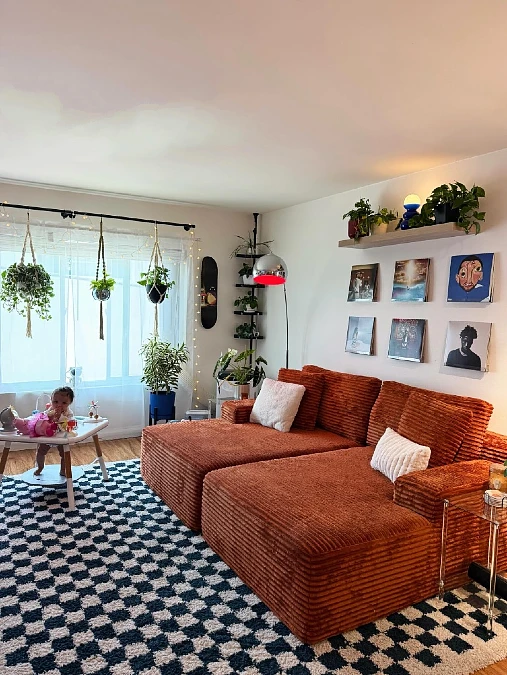 Terracotta Corduroy Sectional Sofa with Vinyl Record Wall