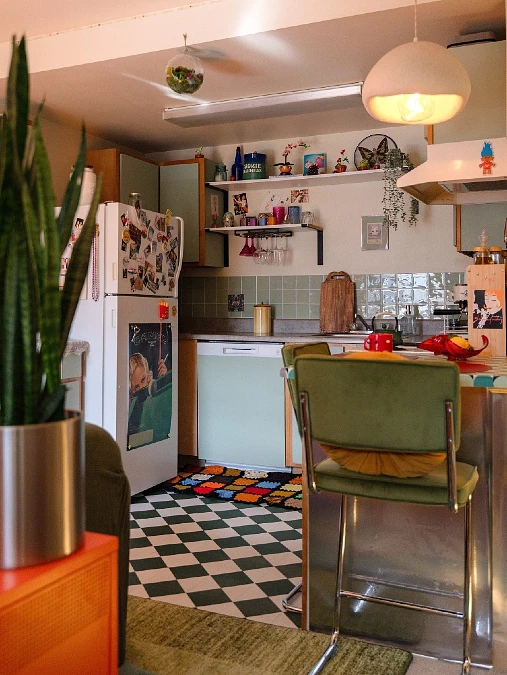 Mint Green Kitchen Cabinets with Green Checkered Floor