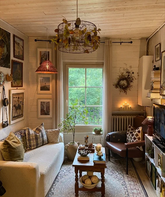 Rustic Wood Paneled Living Room with Wire Basket Light