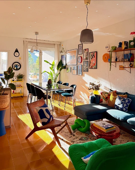 Open Plan Living-Dining Area with Ochre Floor Tiles
