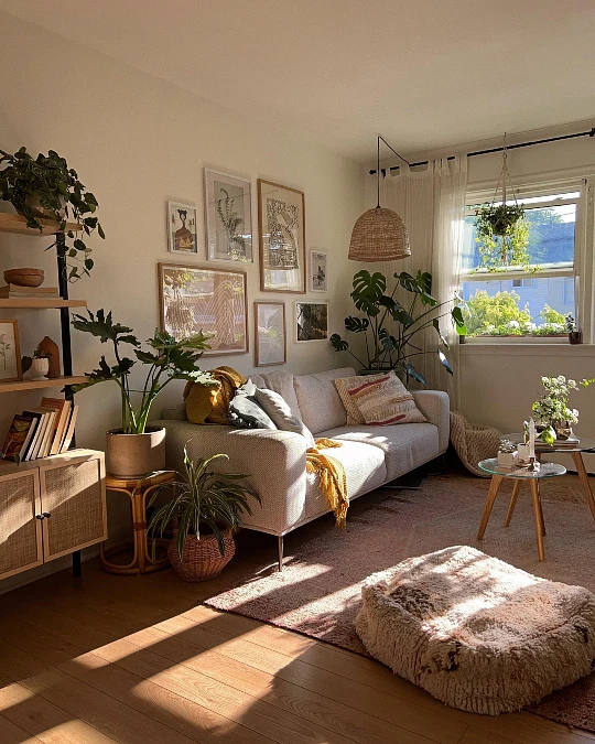Sunlit Gallery Wall with Hanging Rattan Pendant