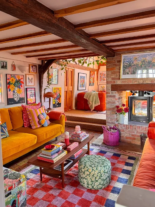 Mustard Yellow Sofa and Exposed Brick Fireplace