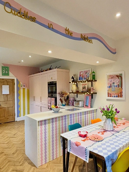 Pastel Ribbon Wall Mural with Scalloped Kitchen Island