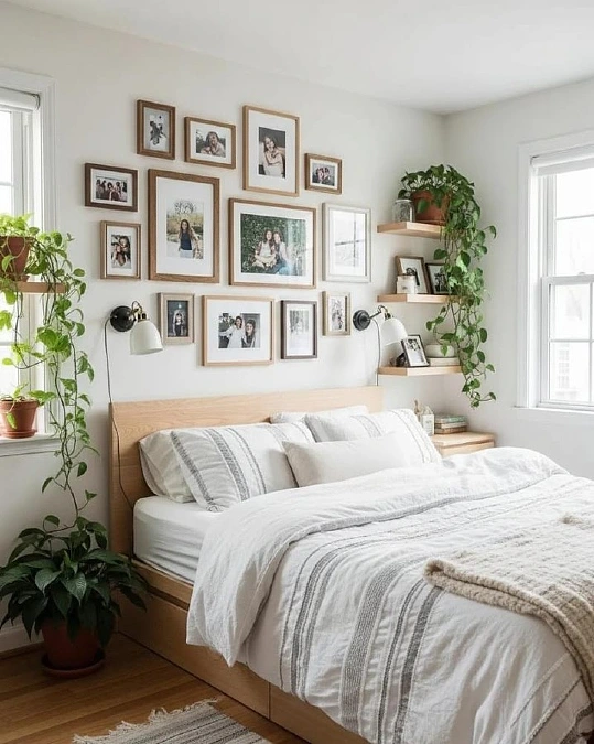 Gallery Wall Bedroom with White Linen Layers and Hanging Greenery