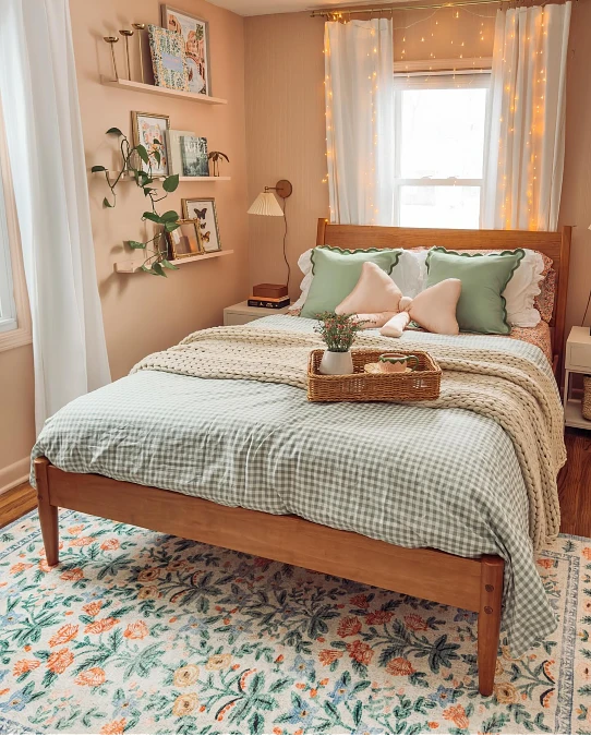 Peach Glow Bedroom with Gingham Bedding and Fairy Light Window