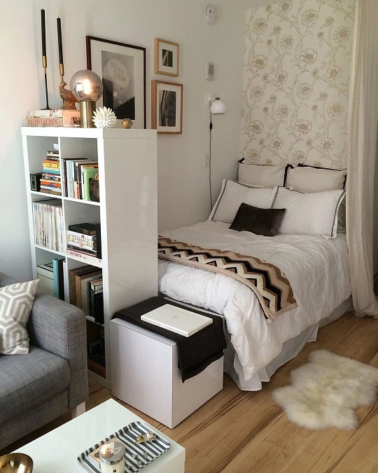 Compact Studio Bedroom with Bookshelf Divider and Soft Neutral Layers