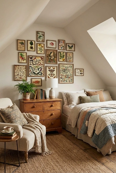 Sloped Ceiling Bedroom with Botanical Gallery Wall and Warm Wood Accents