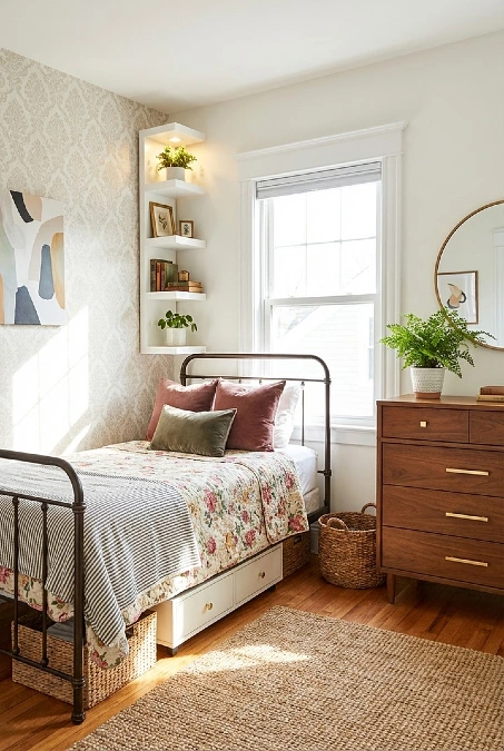 Metal Frame Bedroom with Floral Quilt and Warm Wood Storage Layers