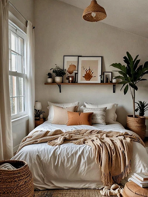Eclectic Cozy Bedroom with Hanging Plants and Fairy Light Ceiling