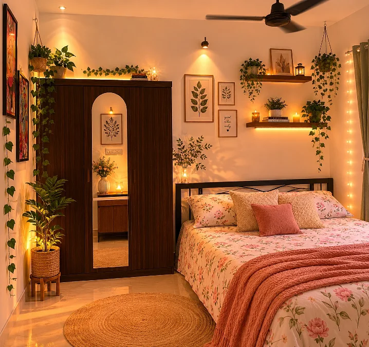 Warm Floral Bedroom with Dark Wood Wardrobe and Ambient Glow