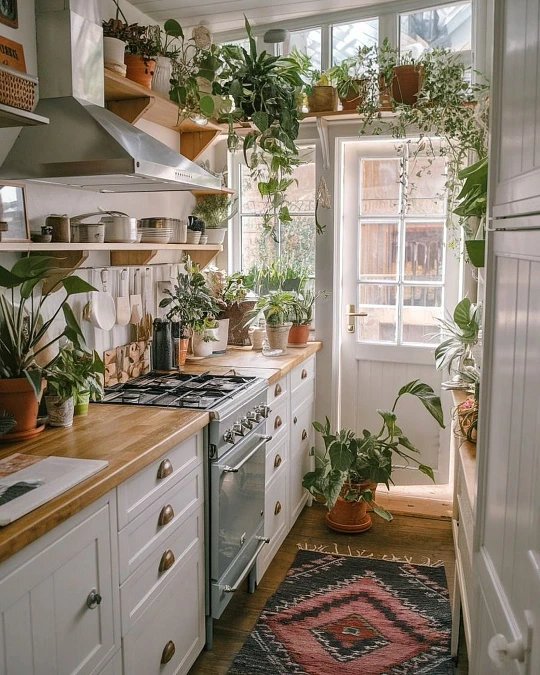 Plant Filled Galley Kitchen with Open Wood Shelving