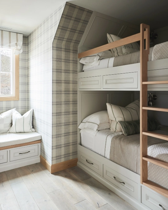Built In Bunk Wall with Plaid Alcove and Warm Oak Ladder