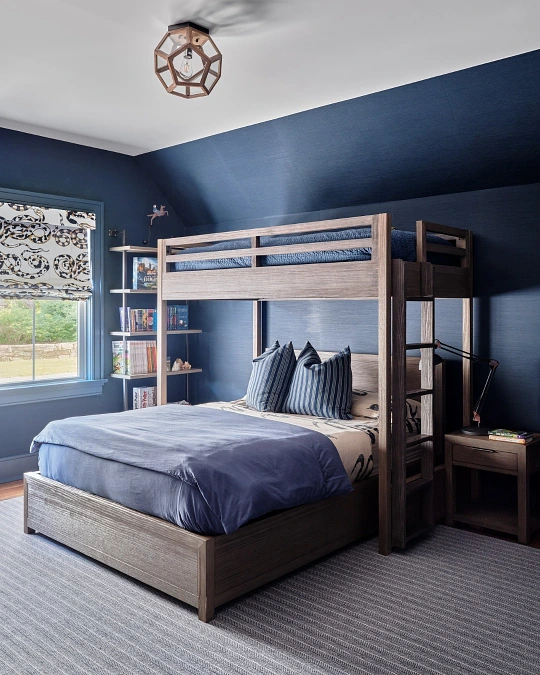 Wood Frame Twin Over Queen with Moody Blue Walls