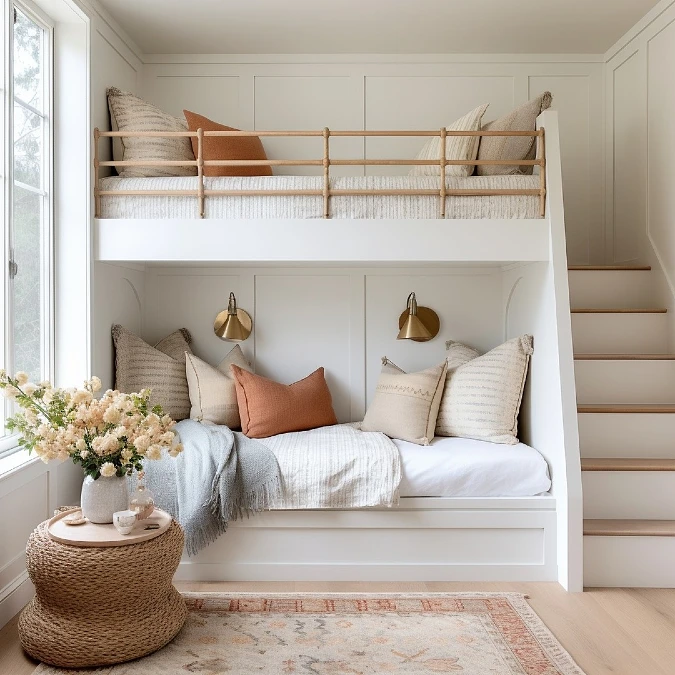 White Paneled Bunk with Woven Rail and Stair Access