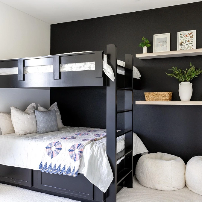 Matte Black Bunk with Floating Shelves and Hidden Storage