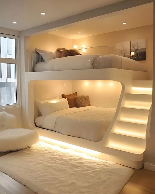 Sculpted White Bunk with Glowing Stair Lights
