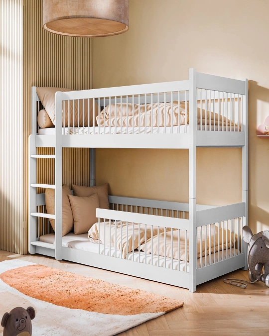 Soft Gray Slatted Bunk with Warm Neutral Bedding