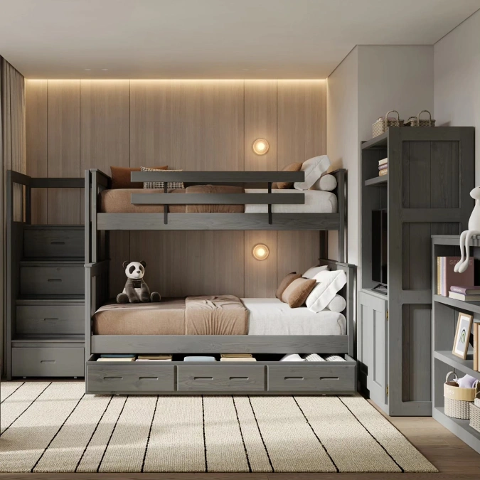 Charcoal Bunk with Stair Drawers and Full Wall Storage
