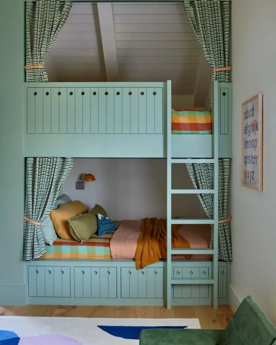 Sage Green Built In Bunks with Striped Privacy Curtains