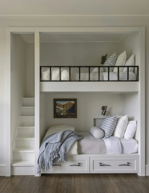 Framed White Bunk Alcove with Black Metal Guardrail