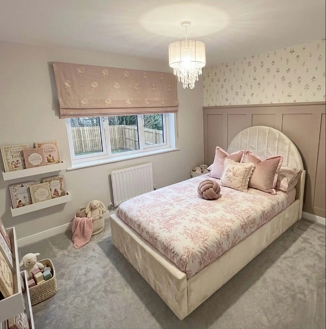 Blush Panel Wall with Velvet Arch Bed