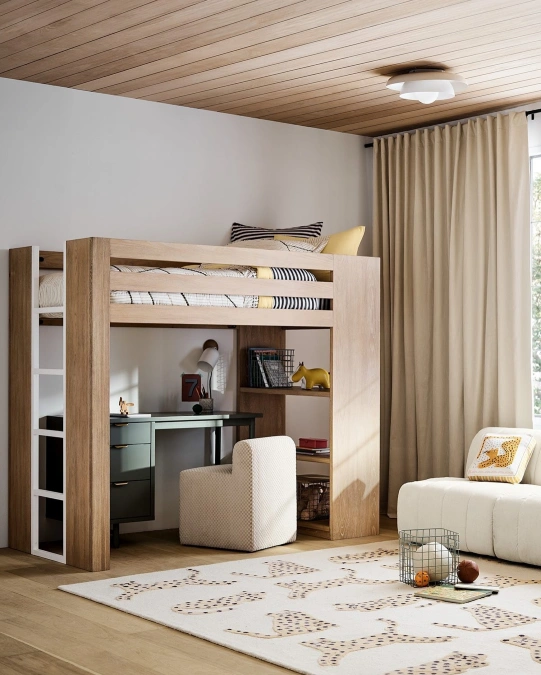 Natural Wood Loft Bed With Under Desk Work Zone