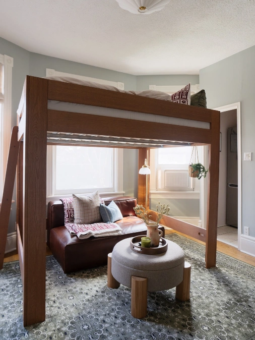 Wooden Loft Bed Over Living Lounge Area