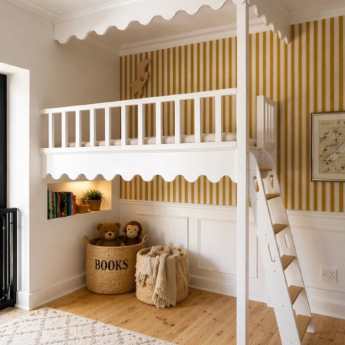 White Loft Bed With Playful Storage Nook And Study Corner