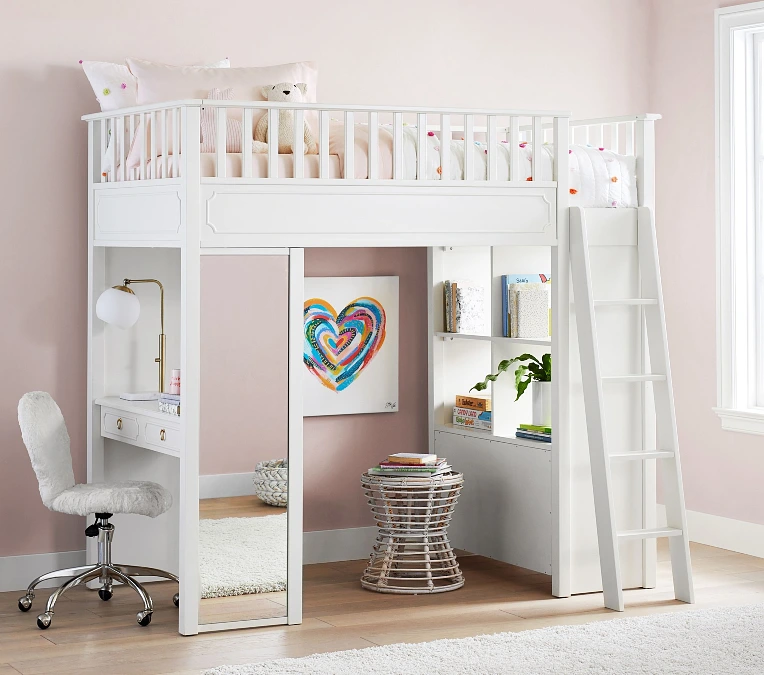 White Loft Bed With Playful Storage Nook And Study Corner