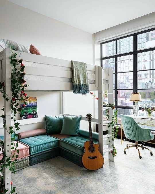White Loft Bed With Lounge Seating And Work Desk Area