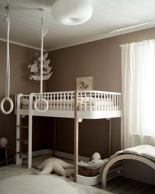 White Montessori Loft Bed With Play Gym Below