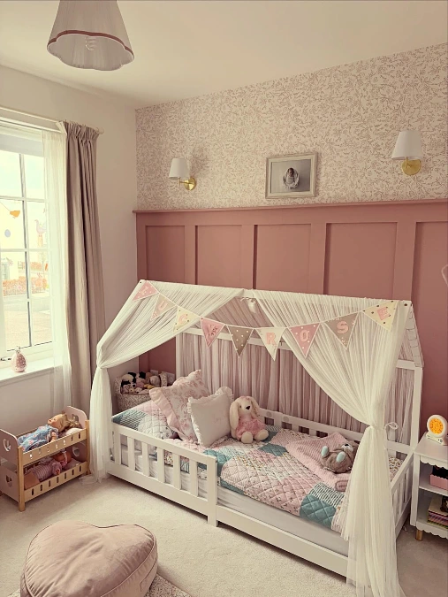 House Frame Bed with Sheer Canopy Curtains