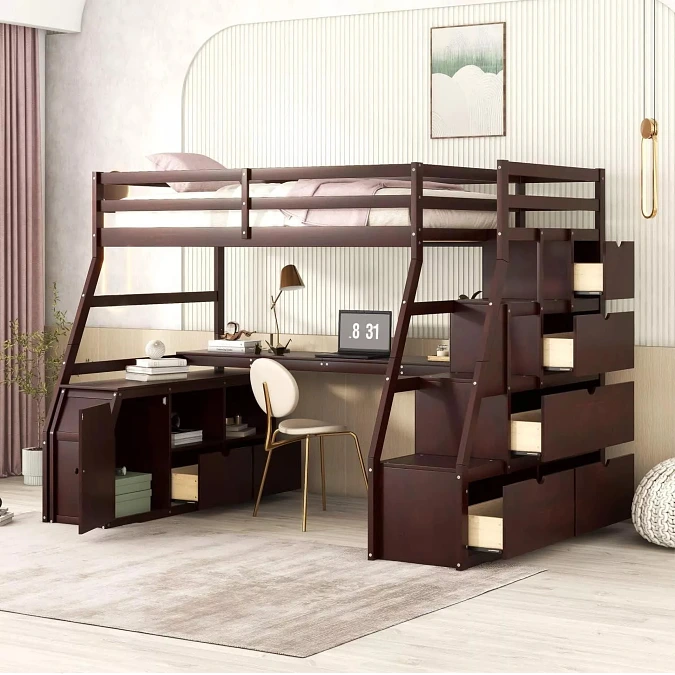 Dark Wood Loft Bed With Integrated Desk And Stair Storage