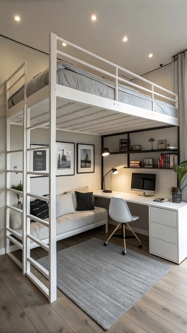 White Metal Loft Bed With Study Desk And Lounge Space