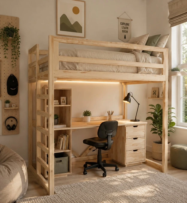 Natural Wood Loft Bed With Built In Study Desk And Storage