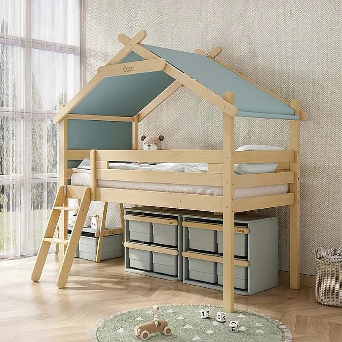 House Frame Loft Bed With Under Storage System