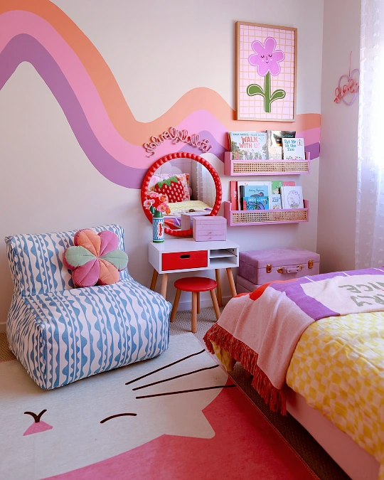 Wavy Rainbow Accent Wall with Reading Corner