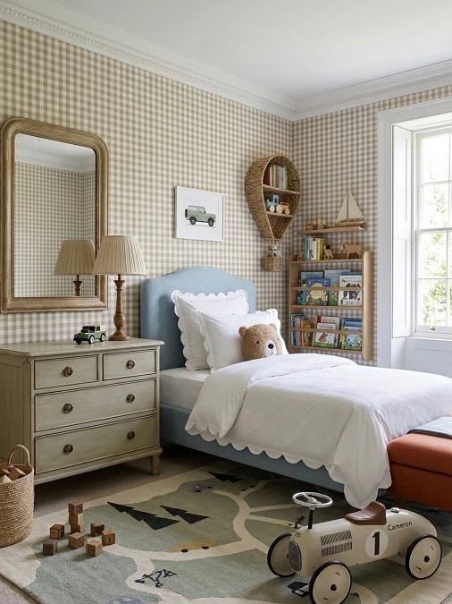 Gingham Wallpaper Room with Storybook Display Shelves