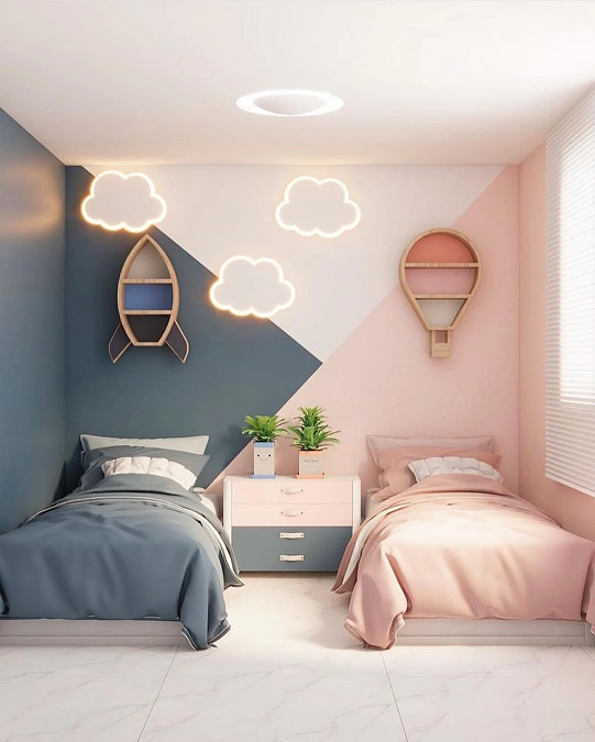 Cloud Themed Split Color Twin Bedroom