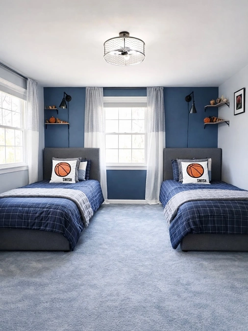 Sports Inspired Twin Beds With Blue Accent Walls