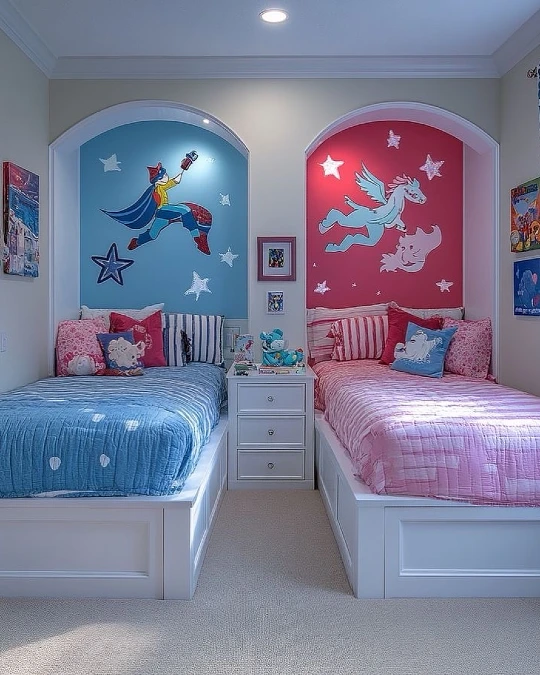 Fantasy Themed Twin Beds With Colorful Arch Wall Murals