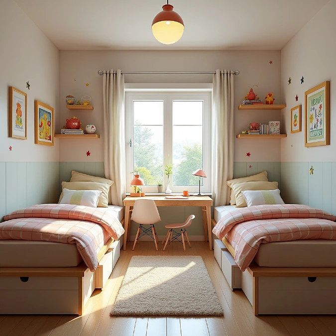 Twin Beds With Central Study Desk Under Natural Light
