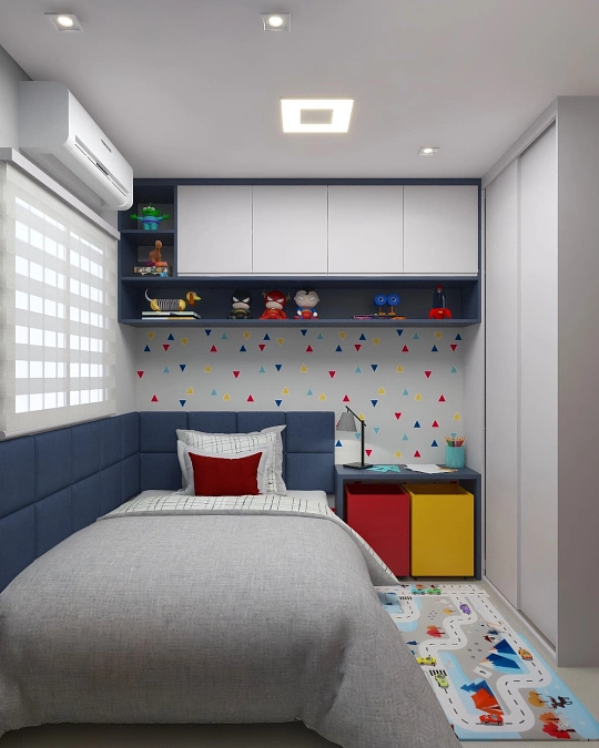 Built In Storage Wall with Color Block Toy Bins