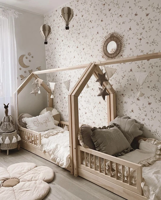 House Frame Twin Beds With Soft Neutral Boho Styling
