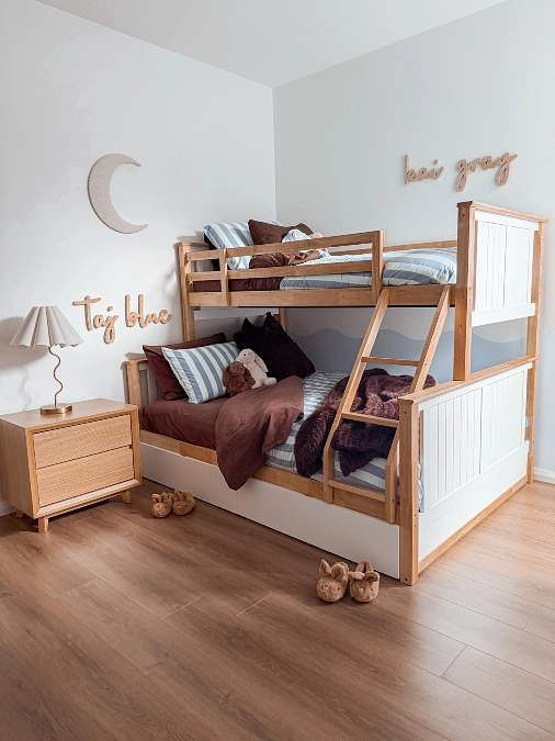 Wooden Bunk Bed With Neutral Minimal Design and Soft Cozy Layers